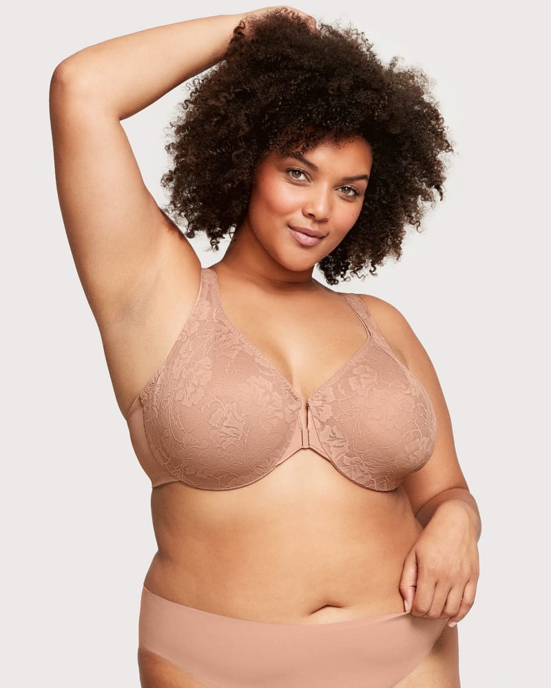 Front of a model wearing a size 46G Lacey T-Back Front-Closure WonderWire Bra in Cappuccino by Glamorise. | dia_product_style_image_id:260728